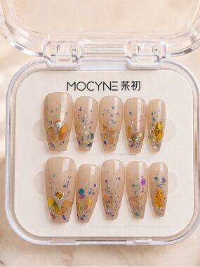 Nude Press-On Nails with Gold Flakes - 24 pieces + Nail Prep Items